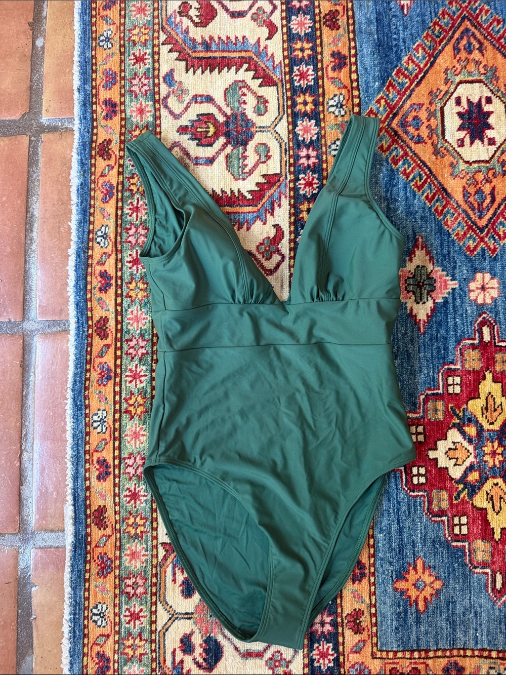 Quince Deep V One-Piece Swimsuit in Green